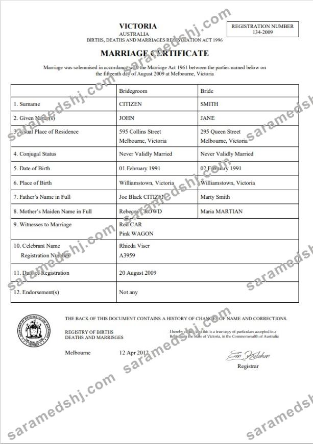 Australia Victoria marriage certificate template in Word